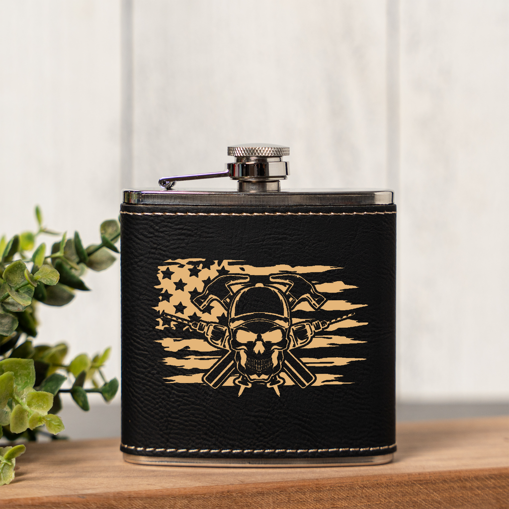 Engraved Construction Flask | Skull Carpenter Flask | Hammer & Drill Gift | Contractor Gift for Men | Woodworker Flask | Father's Day Gift