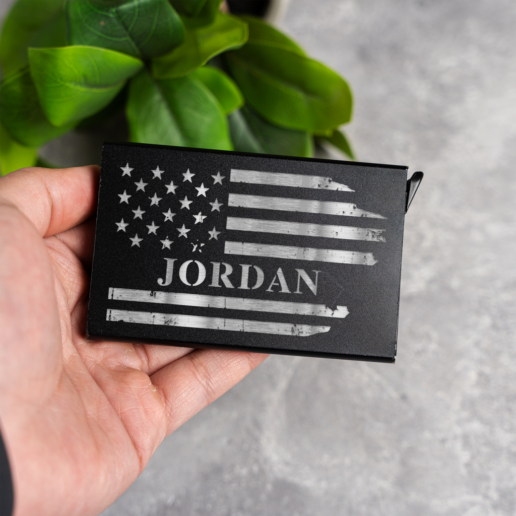 Personalized Aluminum Credit Card Holder with American Flag Design, Personalized Engraved Name Wallet with American Flag Design