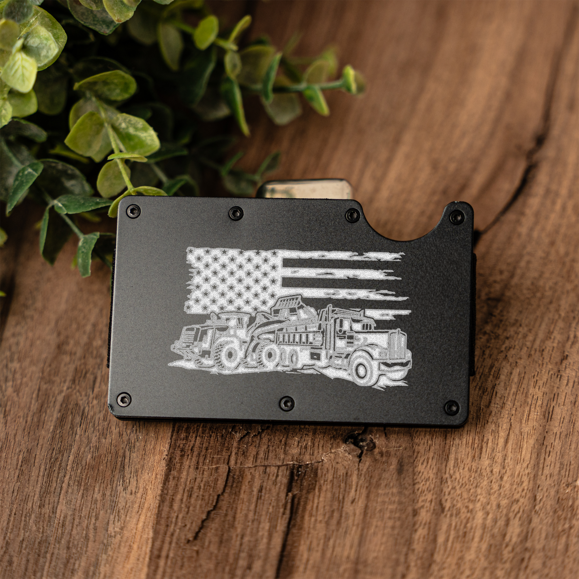 Construction Durable Metal Wallet with American Flag and Truck Design, Perfect Gift for Him, Engraved Wallet Construction Gift