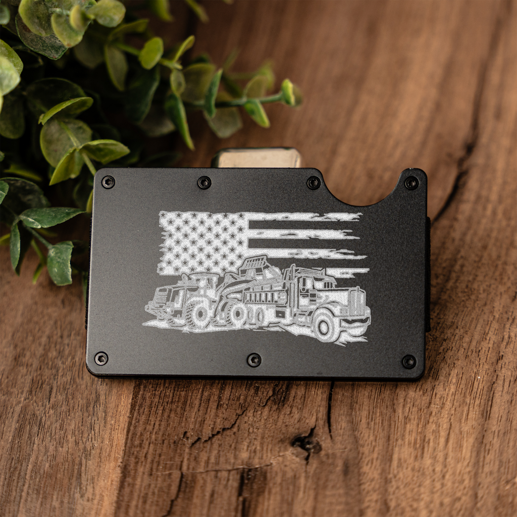 Construction Durable Metal Wallet with American Flag and Truck Design, Perfect Gift for Him, Engraved Wallet Construction Gift