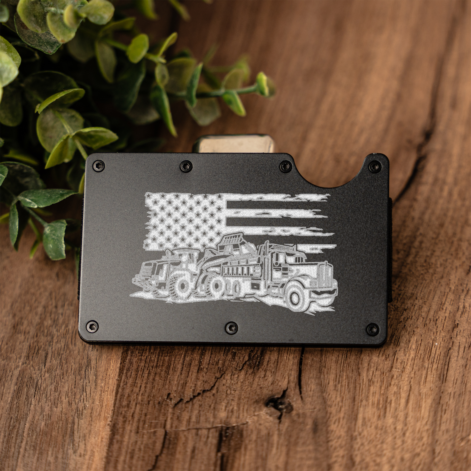 Construction Durable Metal Wallet with American Flag and Truck Design, Perfect Gift for Him, Engraved Wallet Construction Gift