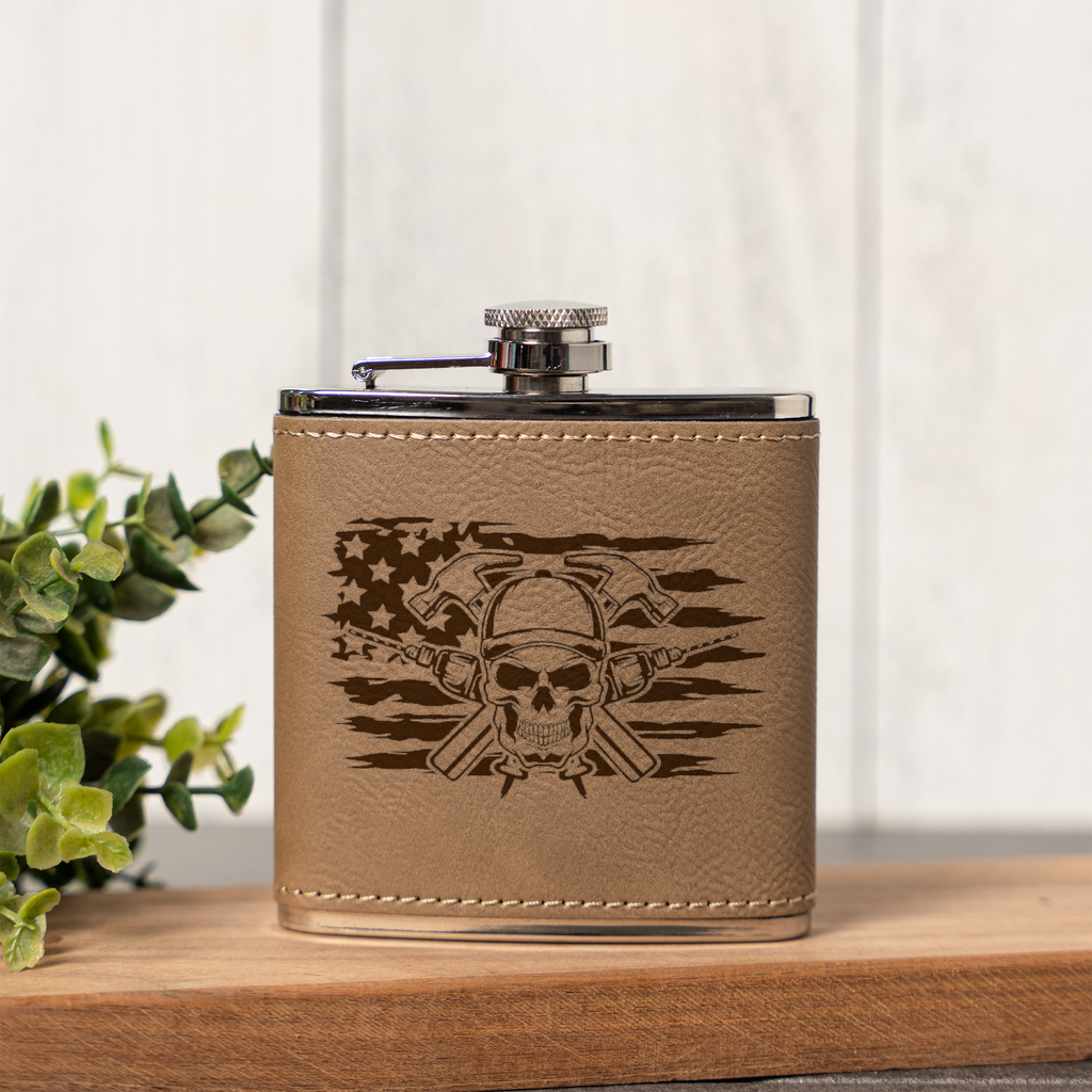 Engraved Construction Flask | Skull Carpenter Flask | Hammer & Drill Gift | Contractor Gift for Men | Woodworker Flask | Father's Day Gift