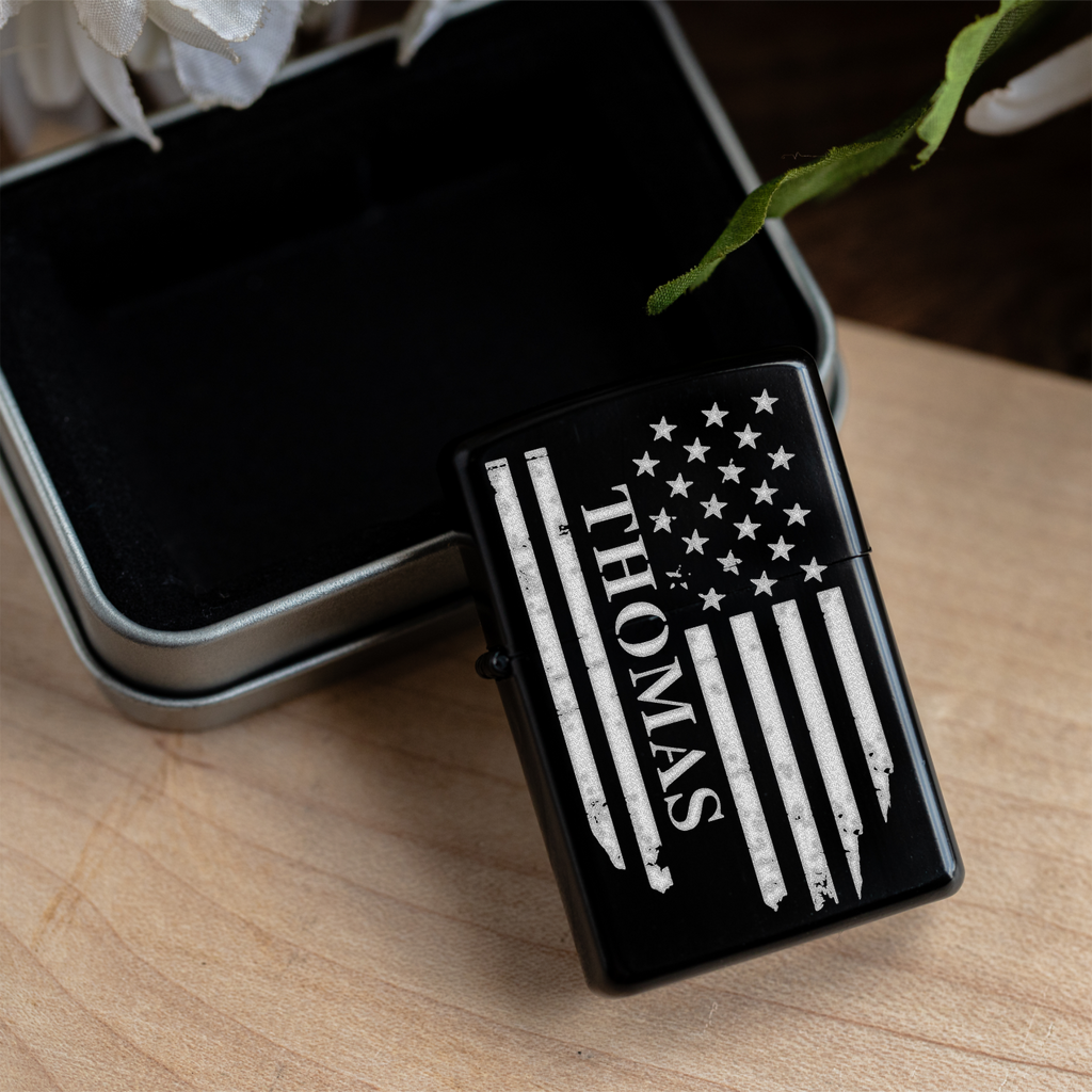 Engraved Lighter with Custom Name American Flag Design, Personalized Gift for Him, American Flag Gift for Veteran