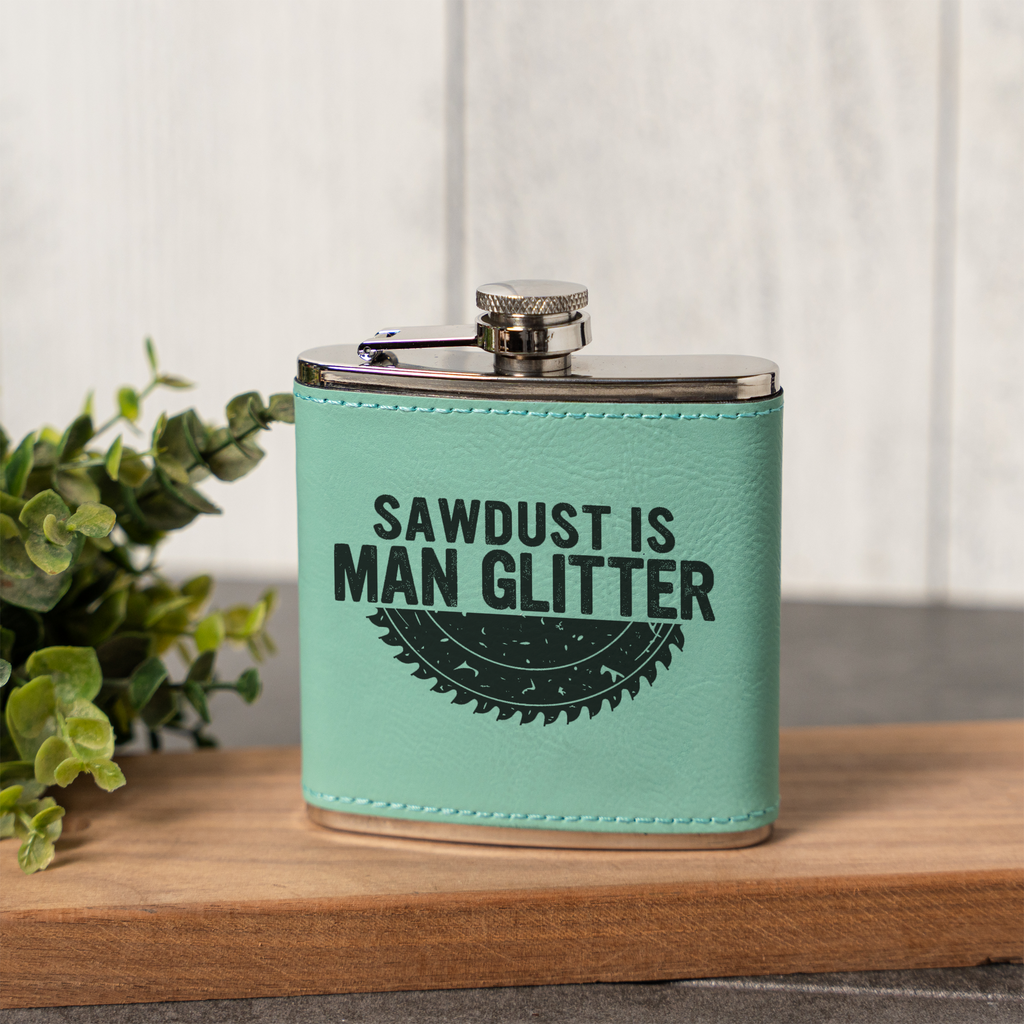 Leather Wrapped Flask 6oz, Sawdust Is Man Glitter Design, Perfect for Groomsmen or Father's Day
