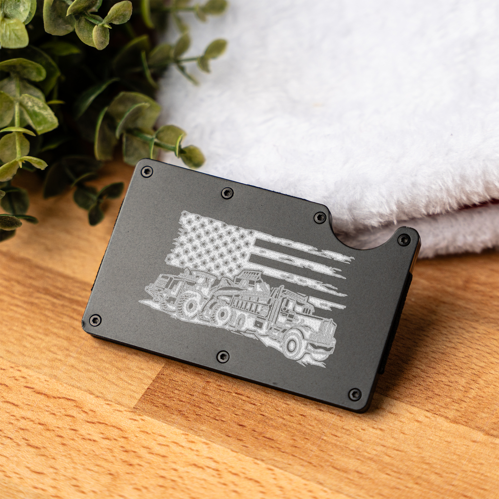 Construction Durable Metal Wallet with American Flag and Truck Design, Perfect Gift for Him, Engraved Wallet Construction Gift