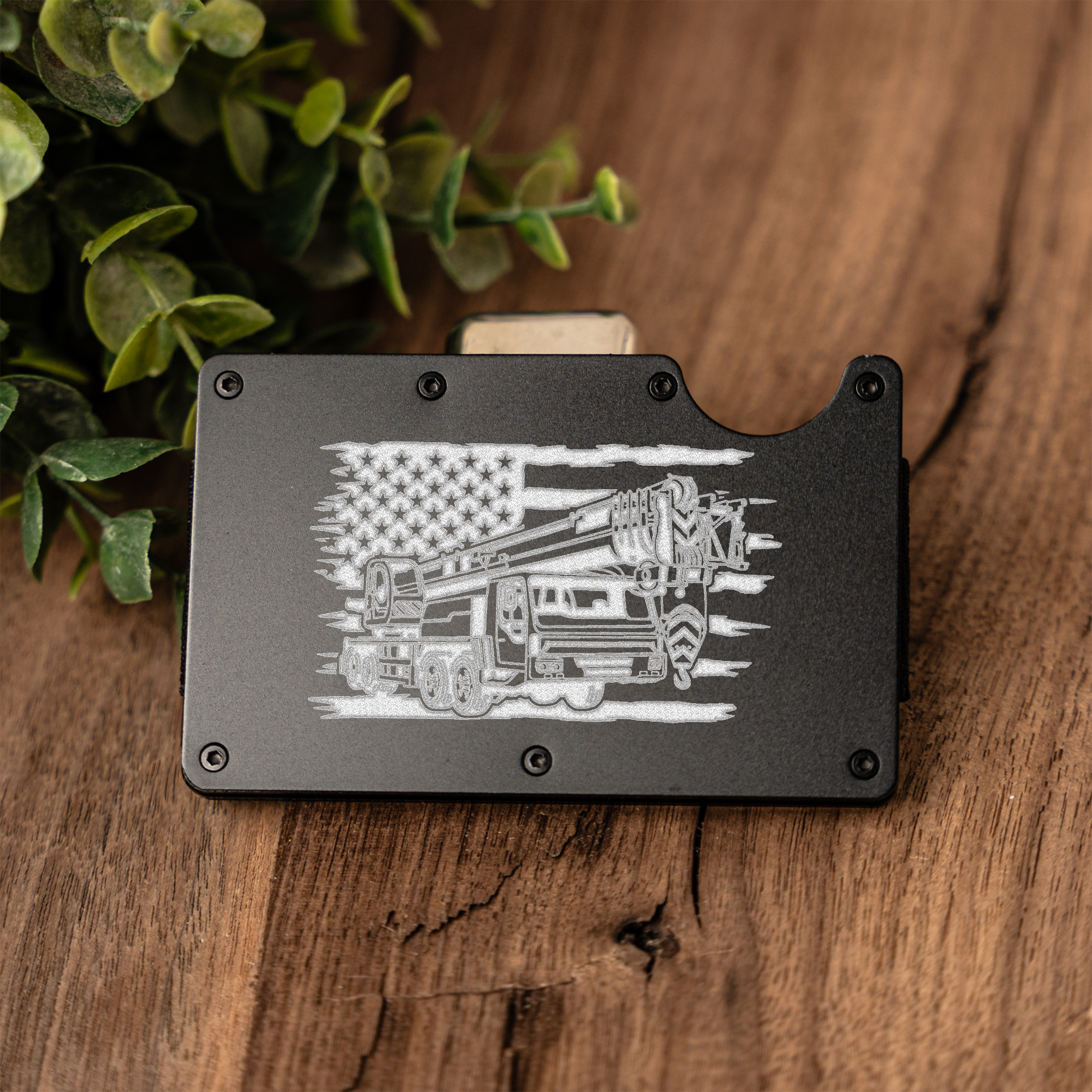 Construction Metal Wallet with American Flag and Crane Design, Durable and Stylish Card Holder, Construction Gifts, Engraved Metal Wallet