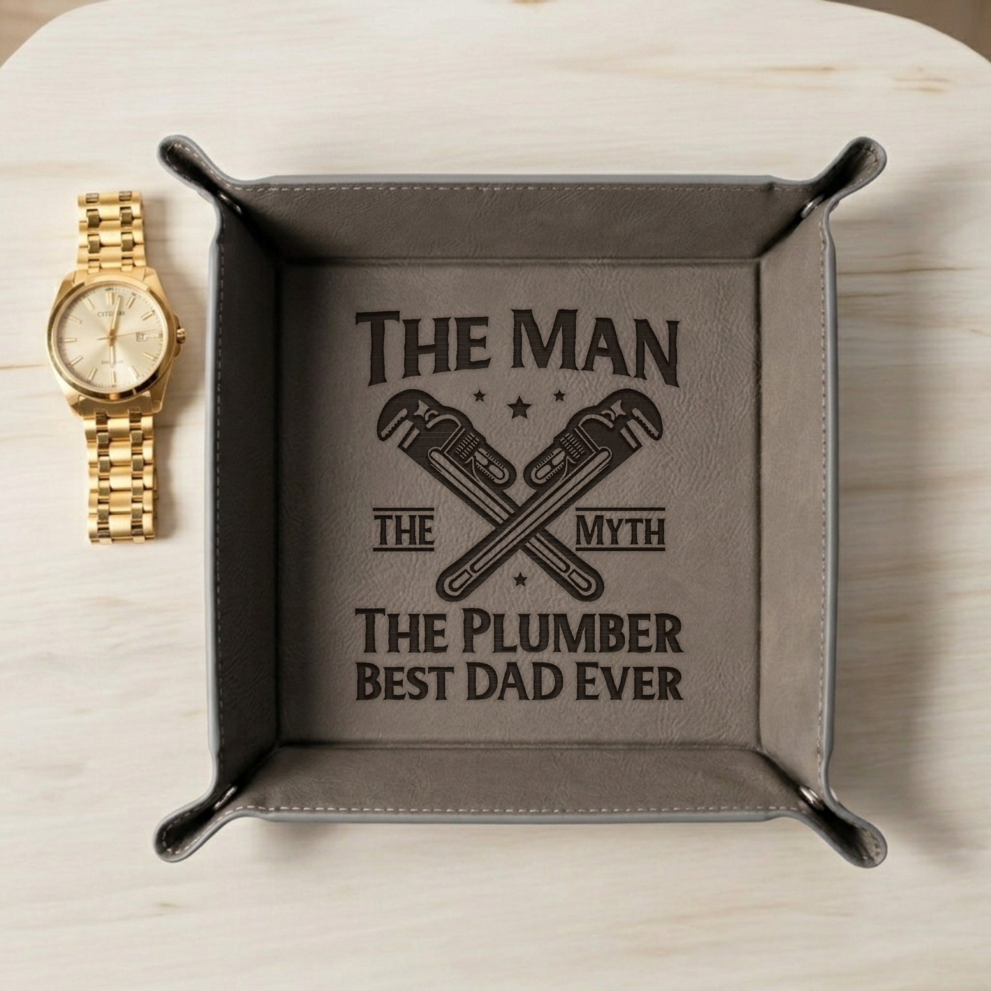 The Man The Myth The Plumber Best dad Ever Vegan Leather Snap Up Tray, Plumber Design, Best Dad Ever Gift for Father's Day, Desk Organizer