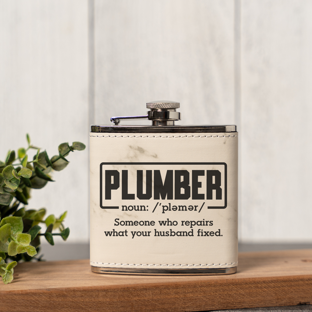 Leather Wrapped Flask 6oz, Funny Plumber Design, Gift for Men, Groomsmen Gift