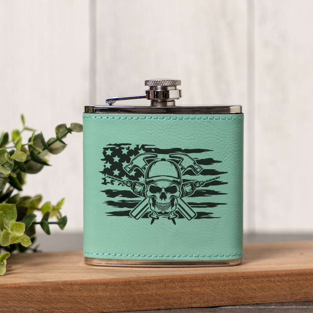 Engraved Construction Flask | Skull Carpenter Flask | Hammer & Drill Gift | Contractor Gift for Men | Woodworker Flask | Father's Day Gift