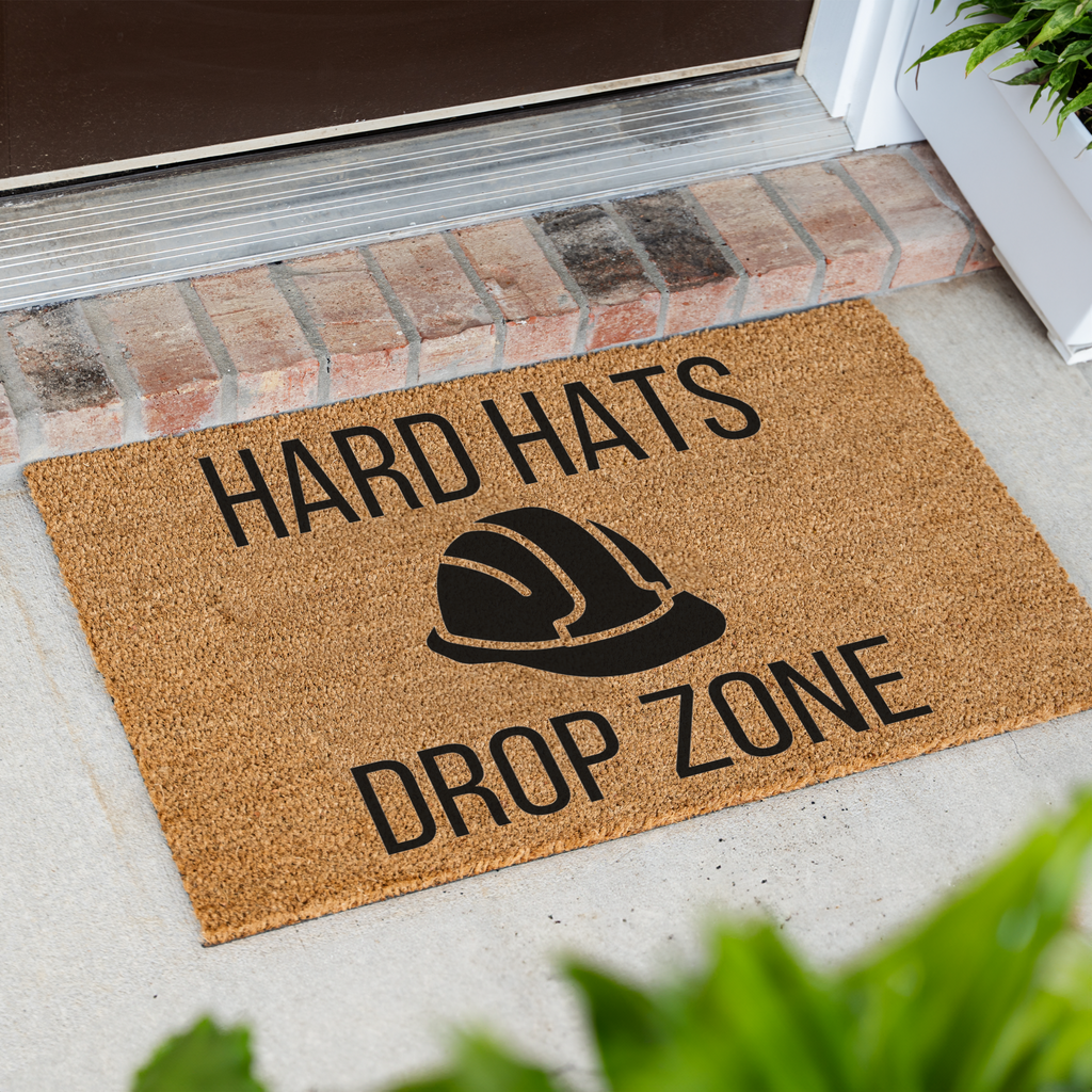 Hard Hats Drop Zone Doormat | Construction Worker Welcome Mat | Builder Front Door Mat | Contractor Housewarming Gift | Hard Hat Decor