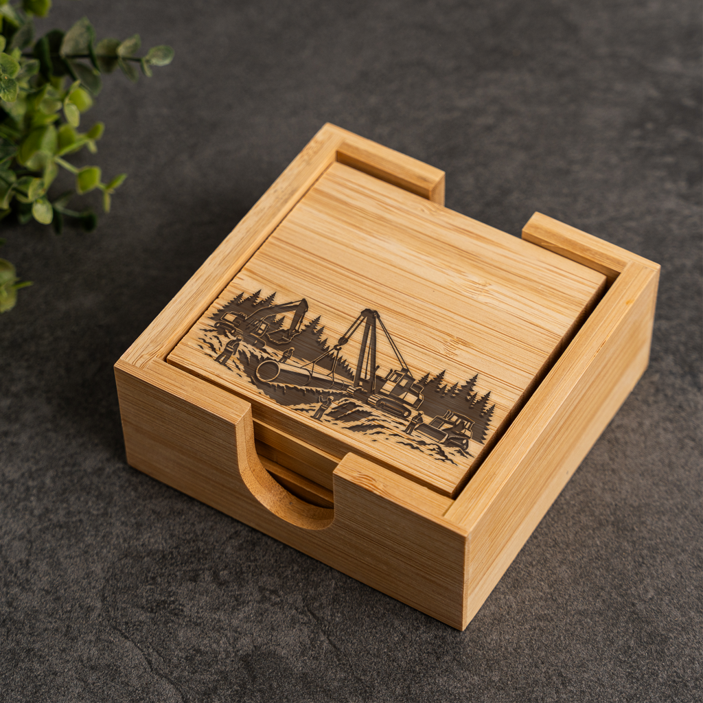 Construction Themed Bamboo Coaster Set with Holder, Eco Friendly Drink Coasters for Construction Workers