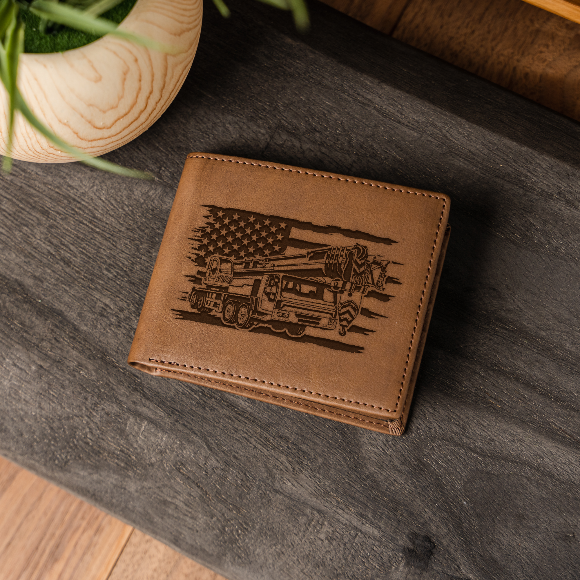 Construction Design Engraved Leather Bifold Wallet, American Flag and Crane Design, Perfect Gift, Engraved Wallet Gift