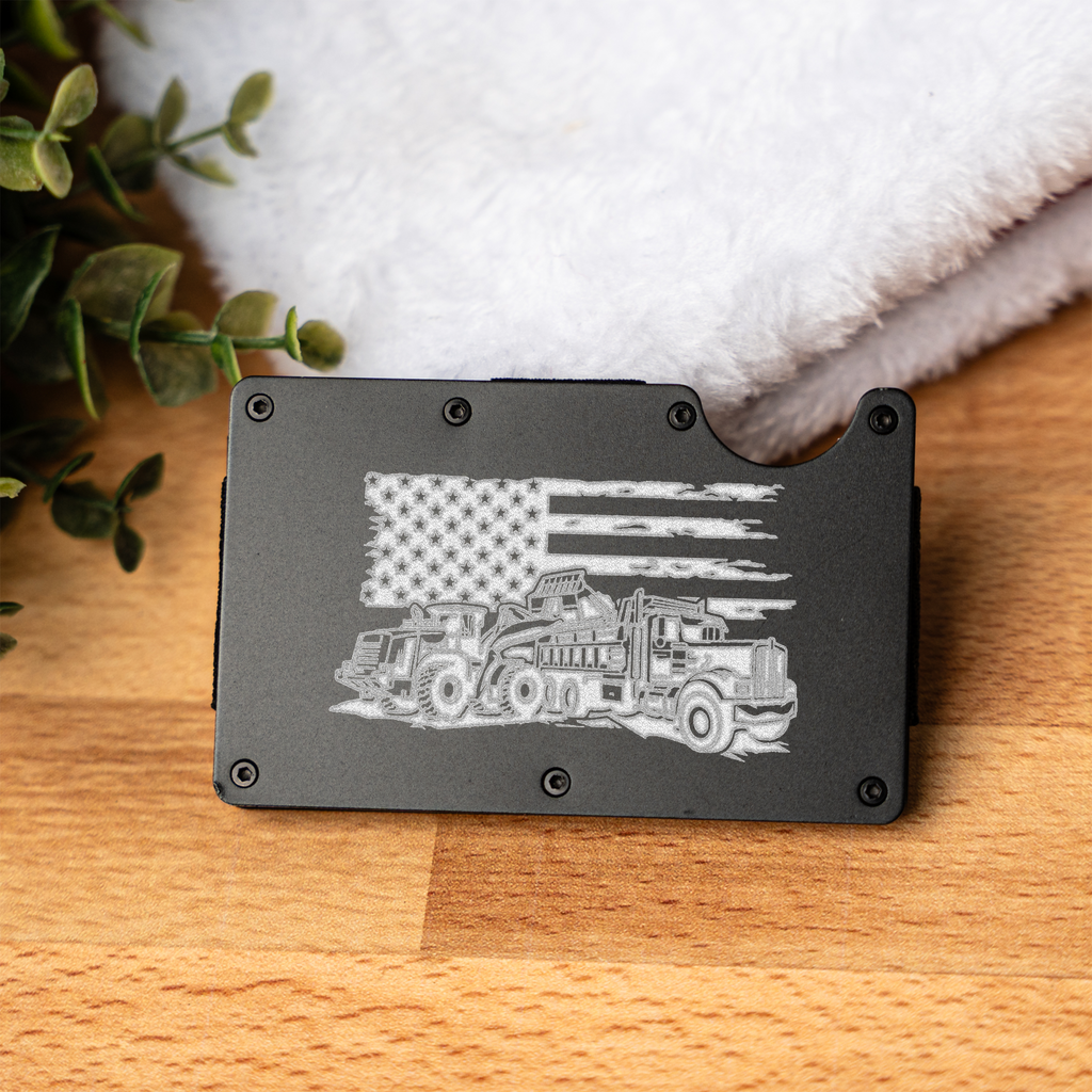 Construction Durable Metal Wallet with American Flag and Truck Design, Perfect Gift for Him, Engraved Wallet Construction Gift
