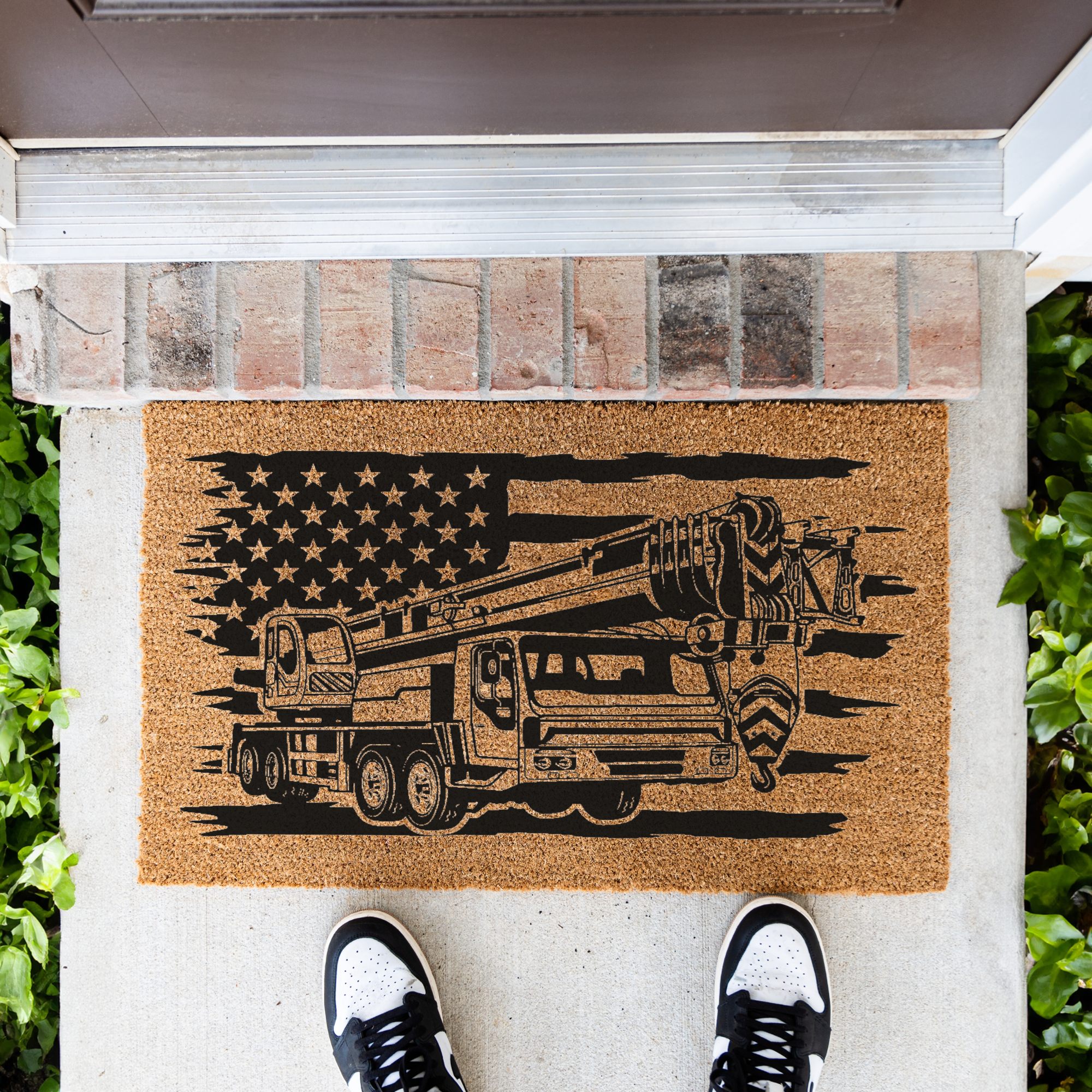Construction American Flag Coir Doormat, Construction Entryway Rug, Durable Outdoor Mat for Porch or Patio, Construction Gift Welcome Mat