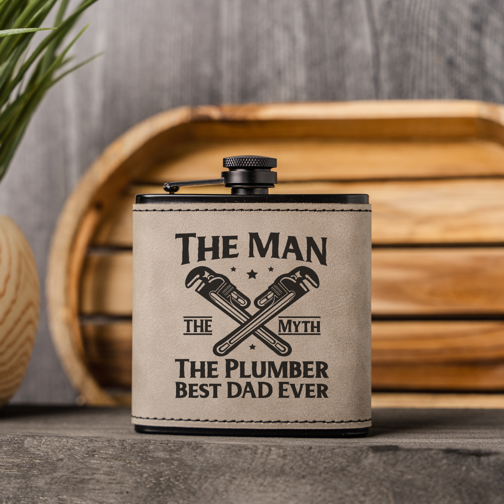Best Dad Ever Black Leather Wrapped Flask for Plumbers, Best Dad Ever Gift, The Man The Myth Design, Plumber Gift Fathers Day