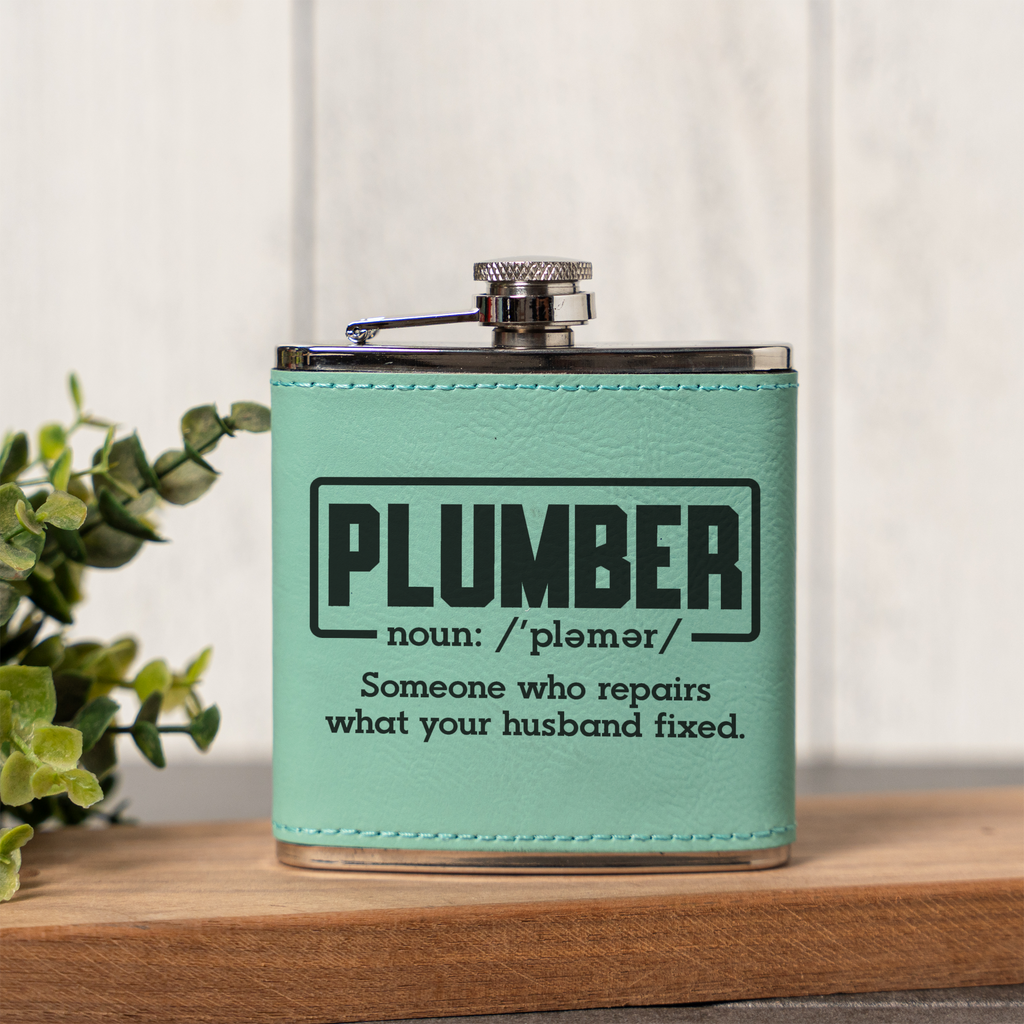 Leather Wrapped Flask 6oz, Funny Plumber Design, Gift for Men, Groomsmen Gift
