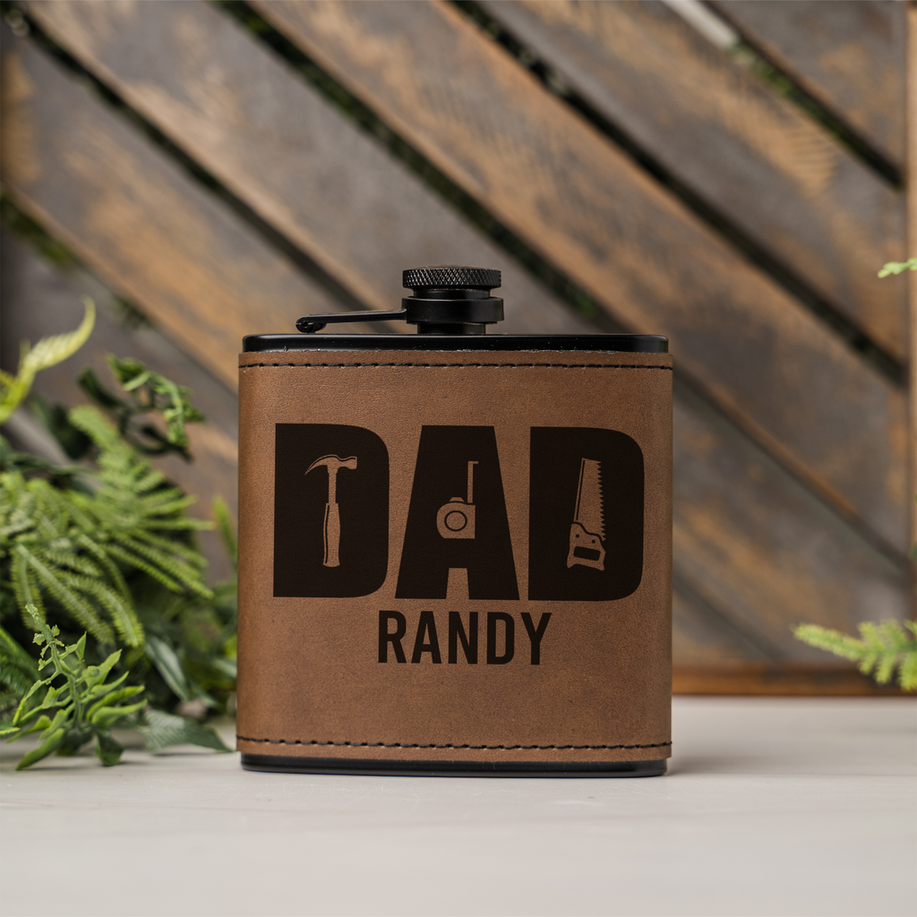 Personalized Dad Flask | Custom Father's Day Gift | Engraved Leather Flask | Dad Gift | Handyman Gift | Gift for Dad | Custom Name Flask