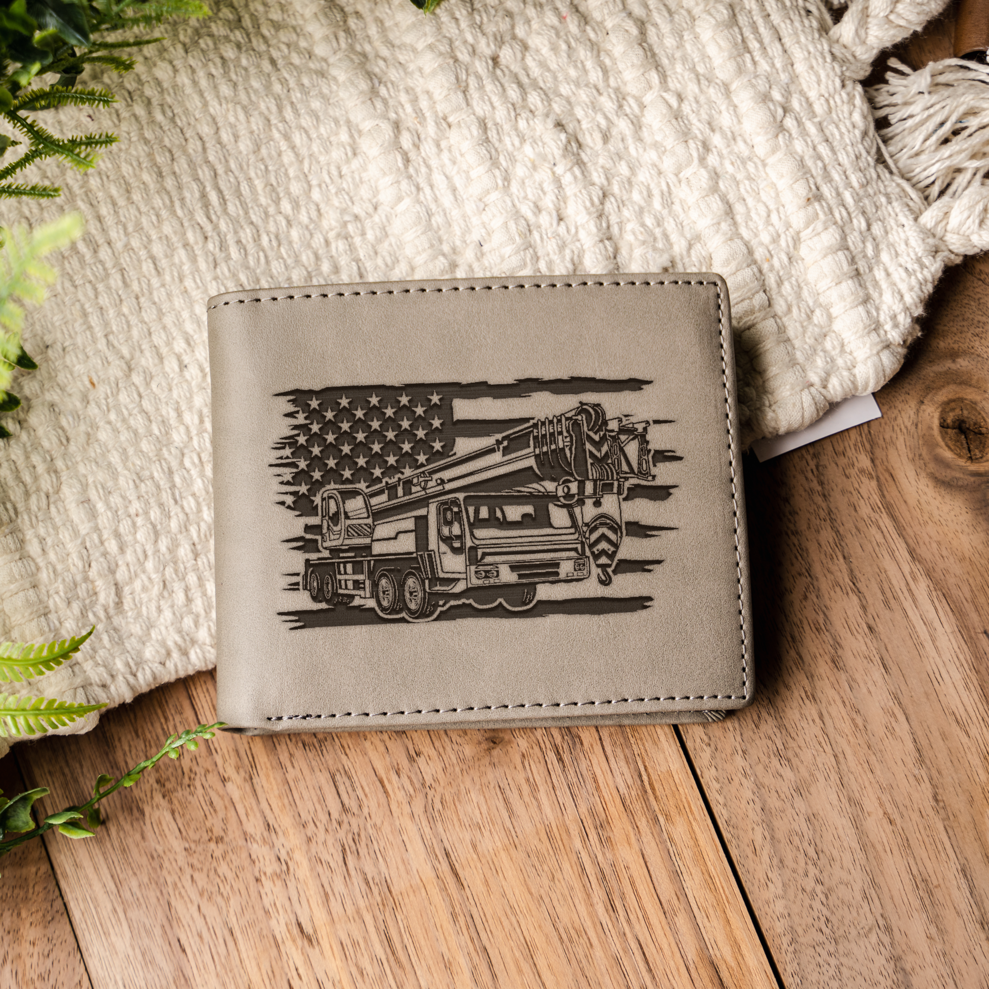 Construction Design Engraved Leather Bifold Wallet, American Flag and Crane Design, Perfect Gift, Engraved Wallet Gift