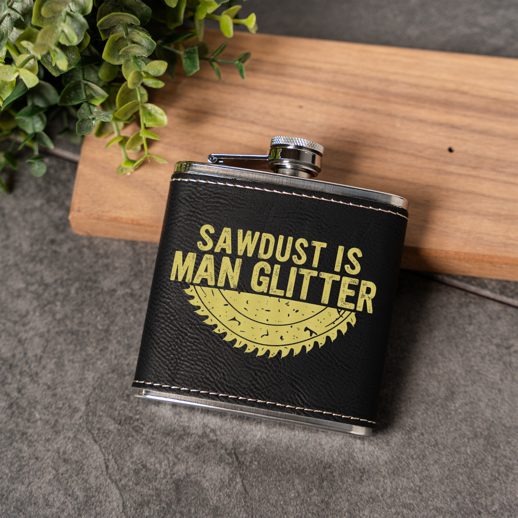 Leather Wrapped Flask 6oz, Sawdust Is Man Glitter Design, Perfect for Groomsmen or Father's Day