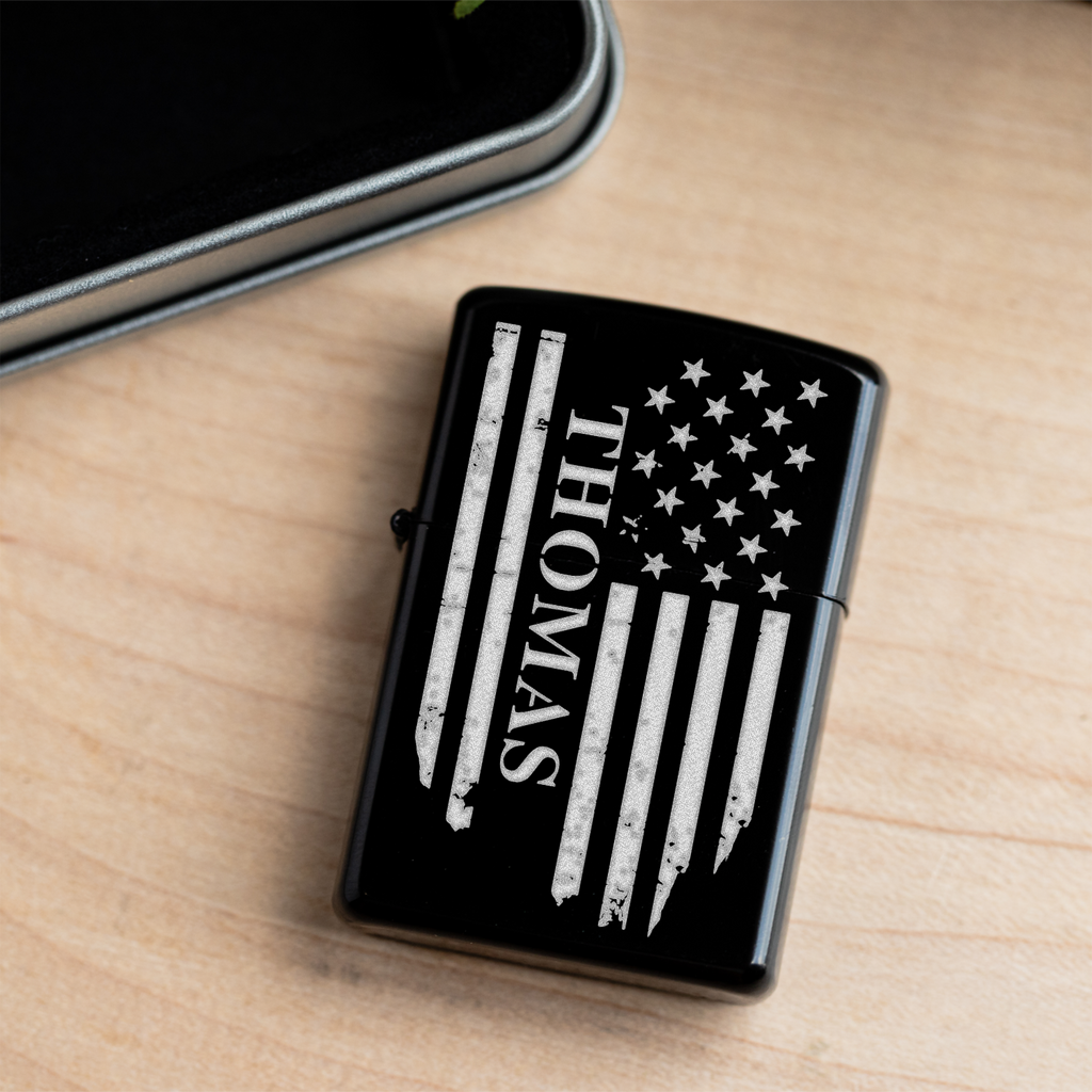 Engraved Lighter with Custom Name American Flag Design, Personalized Gift for Him, American Flag Gift for Veteran