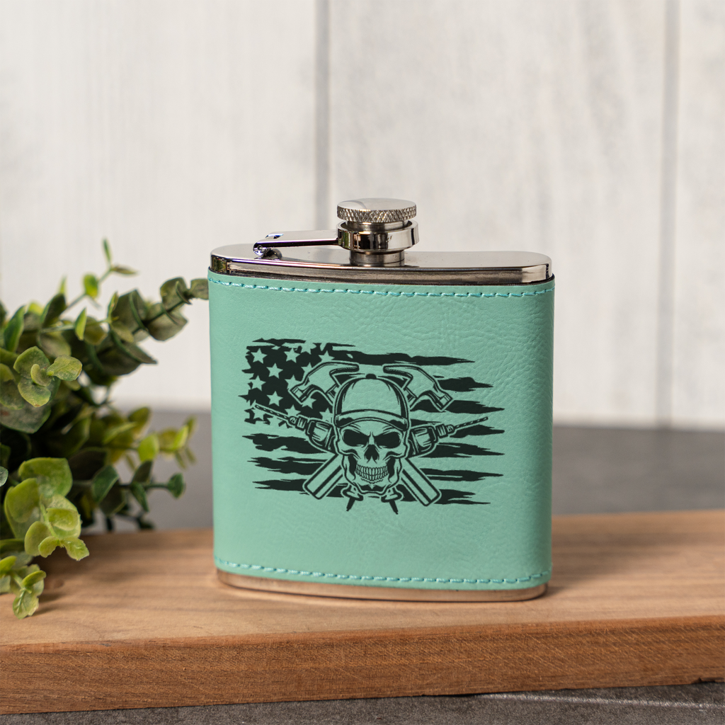 Engraved Construction Flask | Skull Carpenter Flask | Hammer & Drill Gift | Contractor Gift for Men | Woodworker Flask | Father's Day Gift