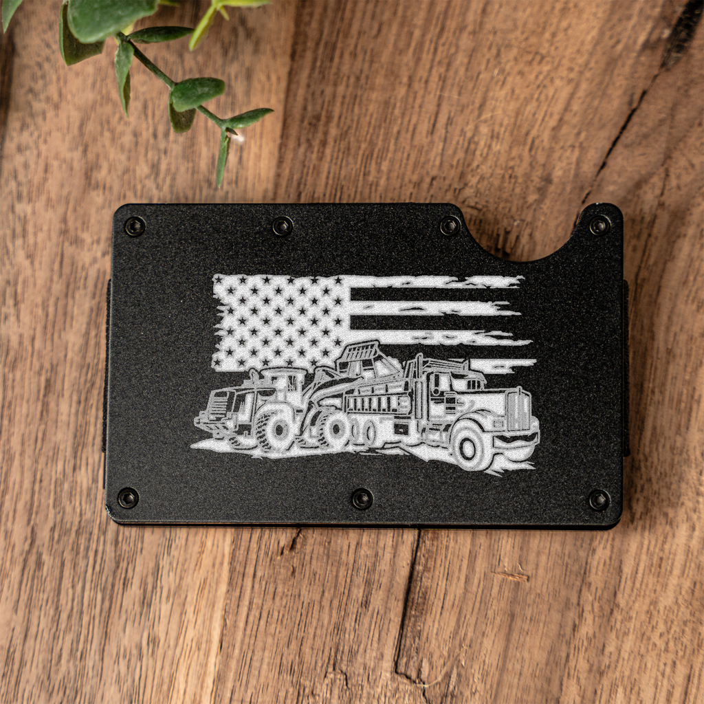 Construction Durable Metal Wallet with American Flag and Truck Design, Perfect Gift for Him, Engraved Wallet Construction Gift