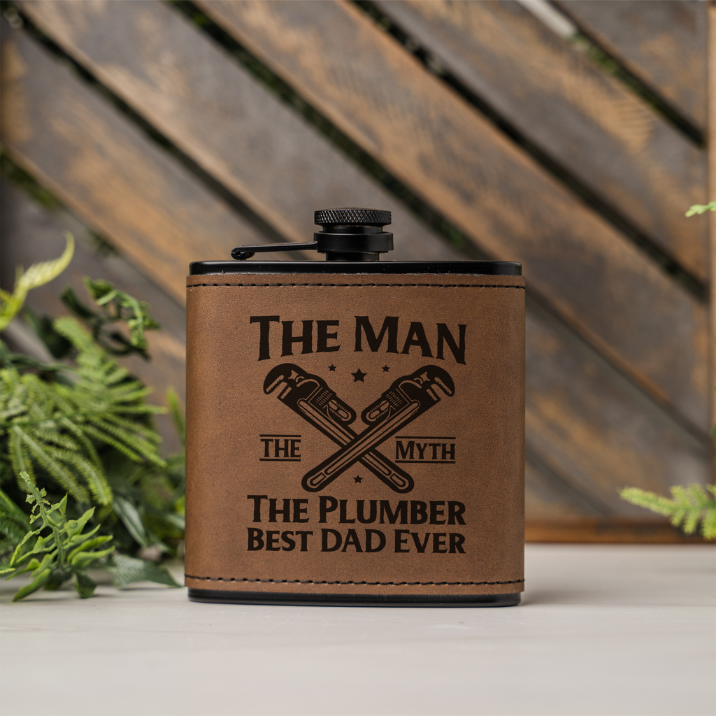 Best Dad Ever Black Leather Wrapped Flask for Plumbers, Best Dad Ever Gift, The Man The Myth Design, Plumber Gift Fathers Day