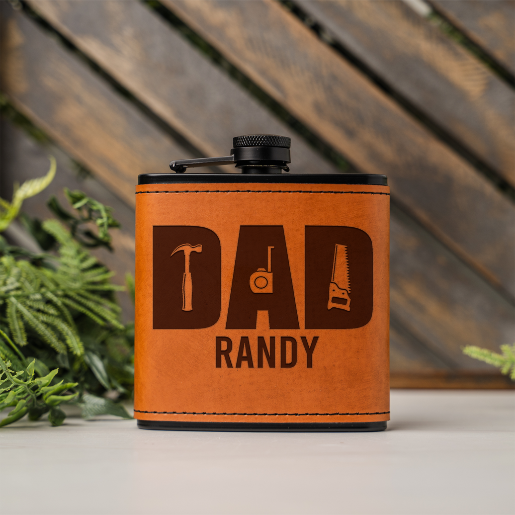 Personalized Dad Flask | Custom Father's Day Gift | Engraved Leather Flask | Dad Gift | Handyman Gift | Gift for Dad | Custom Name Flask