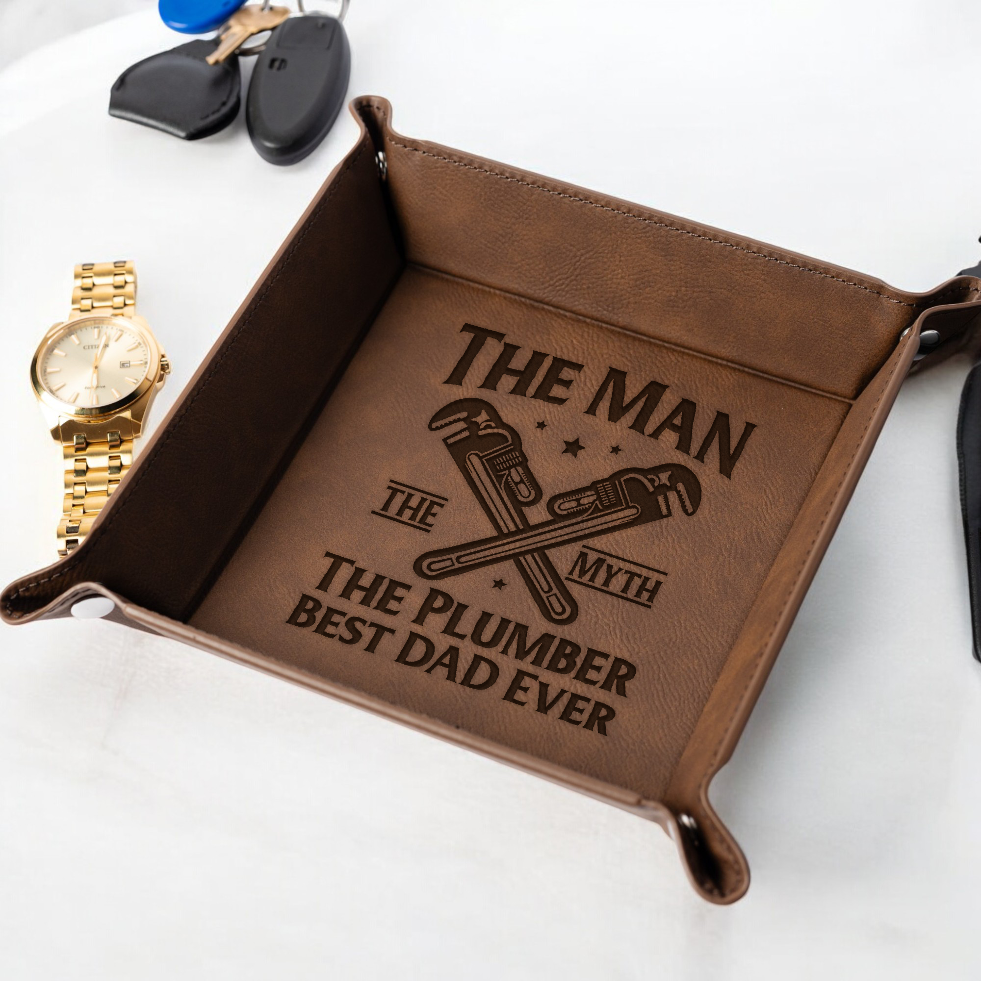 The Man The Myth The Plumber Best dad Ever Vegan Leather Snap Up Tray, Plumber Design, Best Dad Ever Gift for Father's Day, Desk Organizer