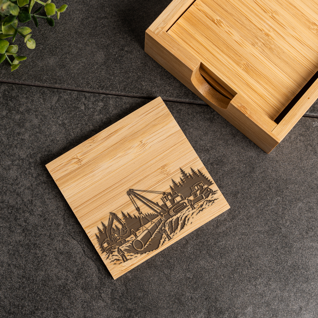 Construction Themed Bamboo Coaster Set with Holder, Eco Friendly Drink Coasters for Construction Workers