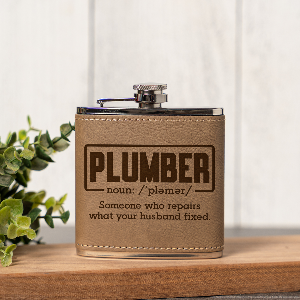 Leather Wrapped Flask 6oz, Funny Plumber Design, Gift for Men, Groomsmen Gift