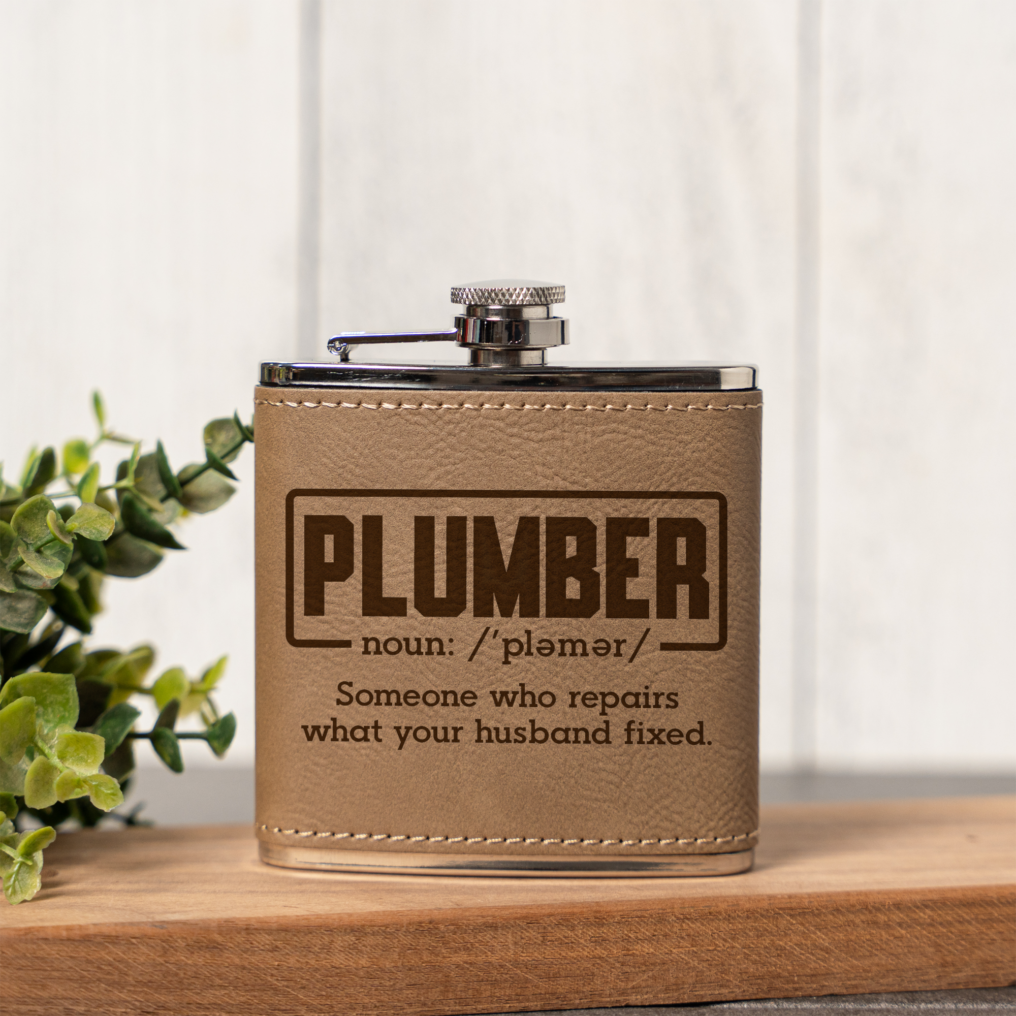 Leather Wrapped Flask 6oz, Funny Plumber Design, Gift for Men, Groomsmen Gift