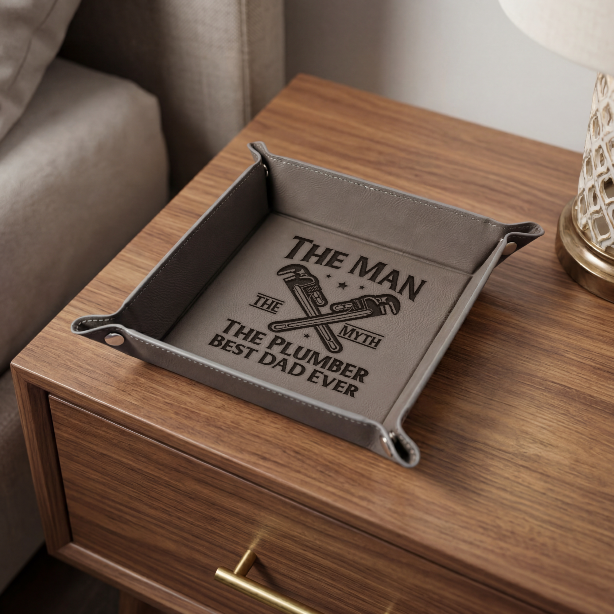 The Man The Myth The Plumber Best dad Ever Vegan Leather Snap Up Tray, Plumber Design, Best Dad Ever Gift for Father's Day, Desk Organizer