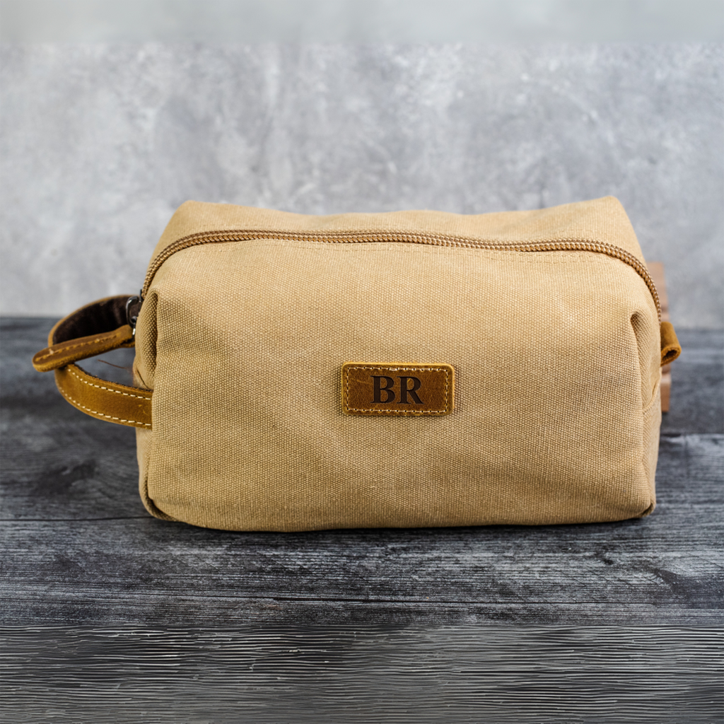 Custom Toiletry Bag Dopp Kit with Leather Patch