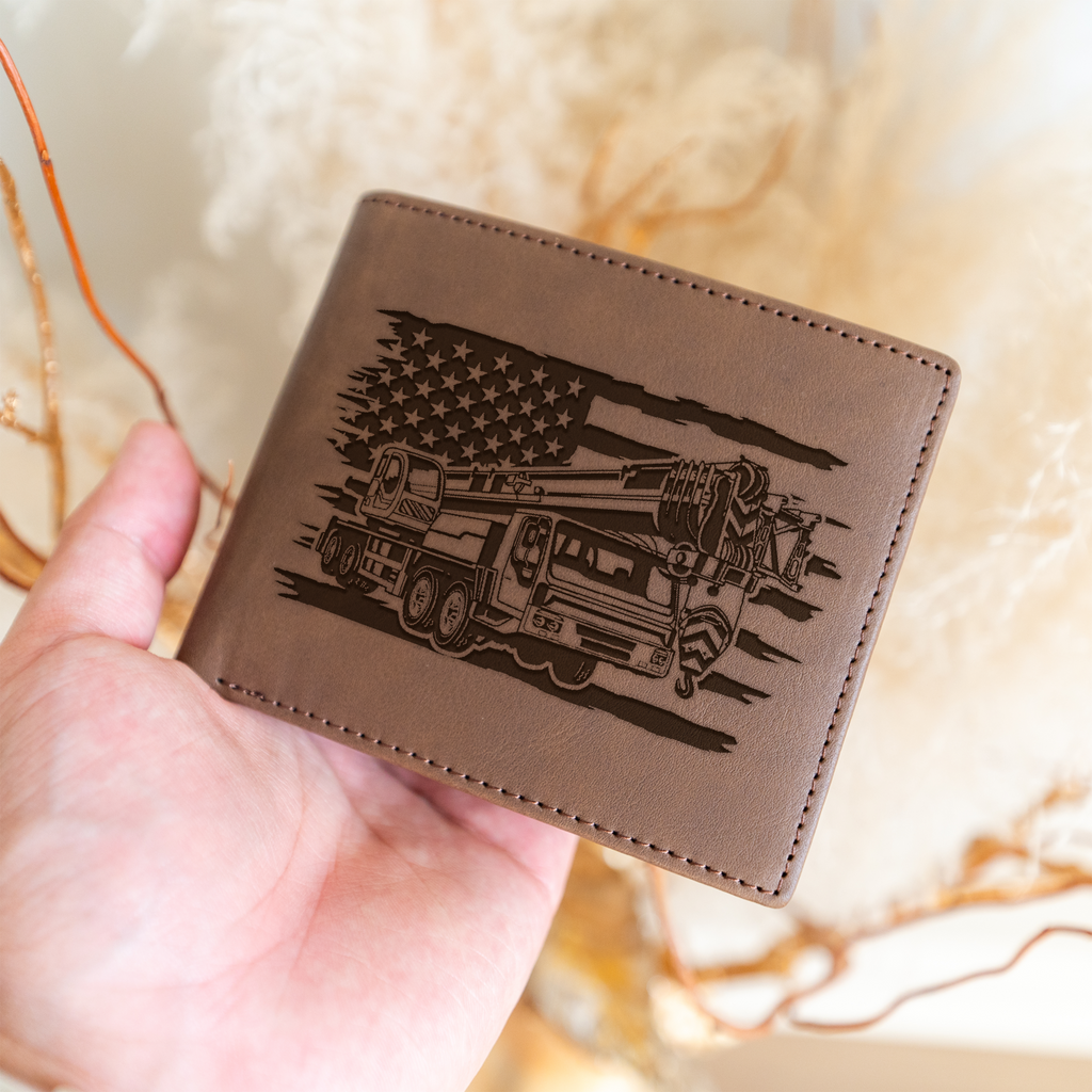 Construction Design Engraved Leather Bifold Wallet, American Flag and Crane Design, Perfect Gift, Engraved Wallet Gift
