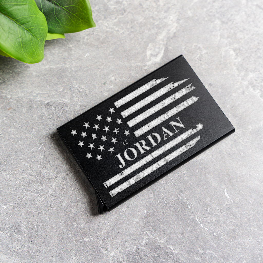 Personalized Aluminum Credit Card Holder with American Flag Design, Personalized Engraved Name Wallet with American Flag Design