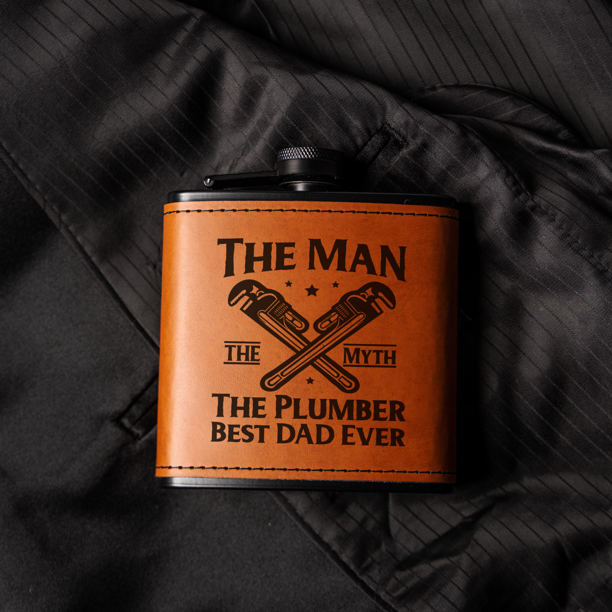 Best Dad Ever Black Leather Wrapped Flask for Plumbers, Best Dad Ever Gift, The Man The Myth Design, Plumber Gift Fathers Day