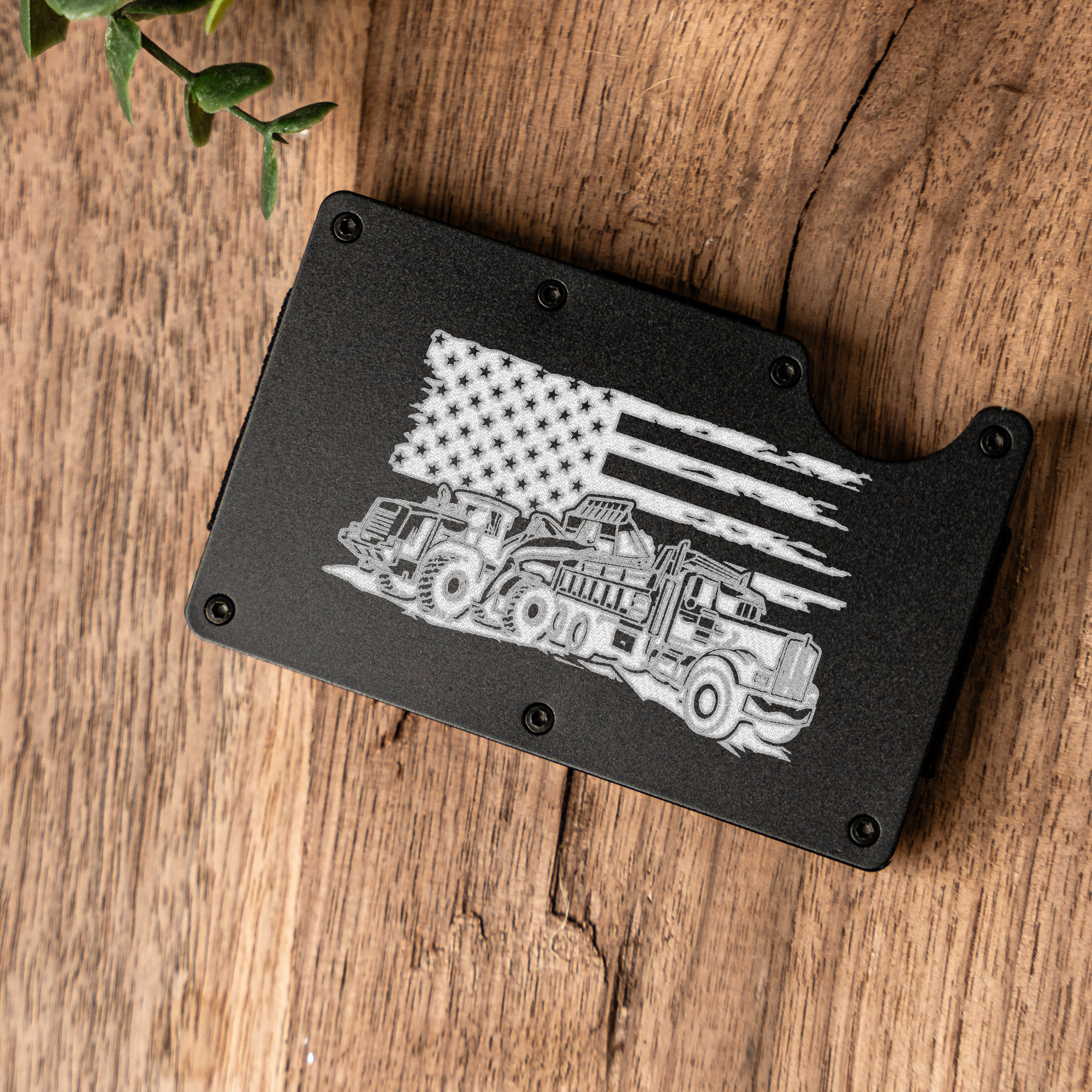 Construction Durable Metal Wallet with American Flag and Truck Design, Perfect Gift for Him, Engraved Wallet Construction Gift