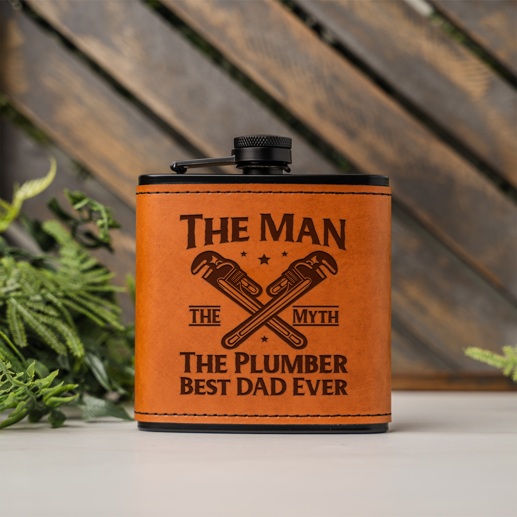 Best Dad Ever Black Leather Wrapped Flask for Plumbers, Best Dad Ever Gift, The Man The Myth Design, Plumber Gift Fathers Day