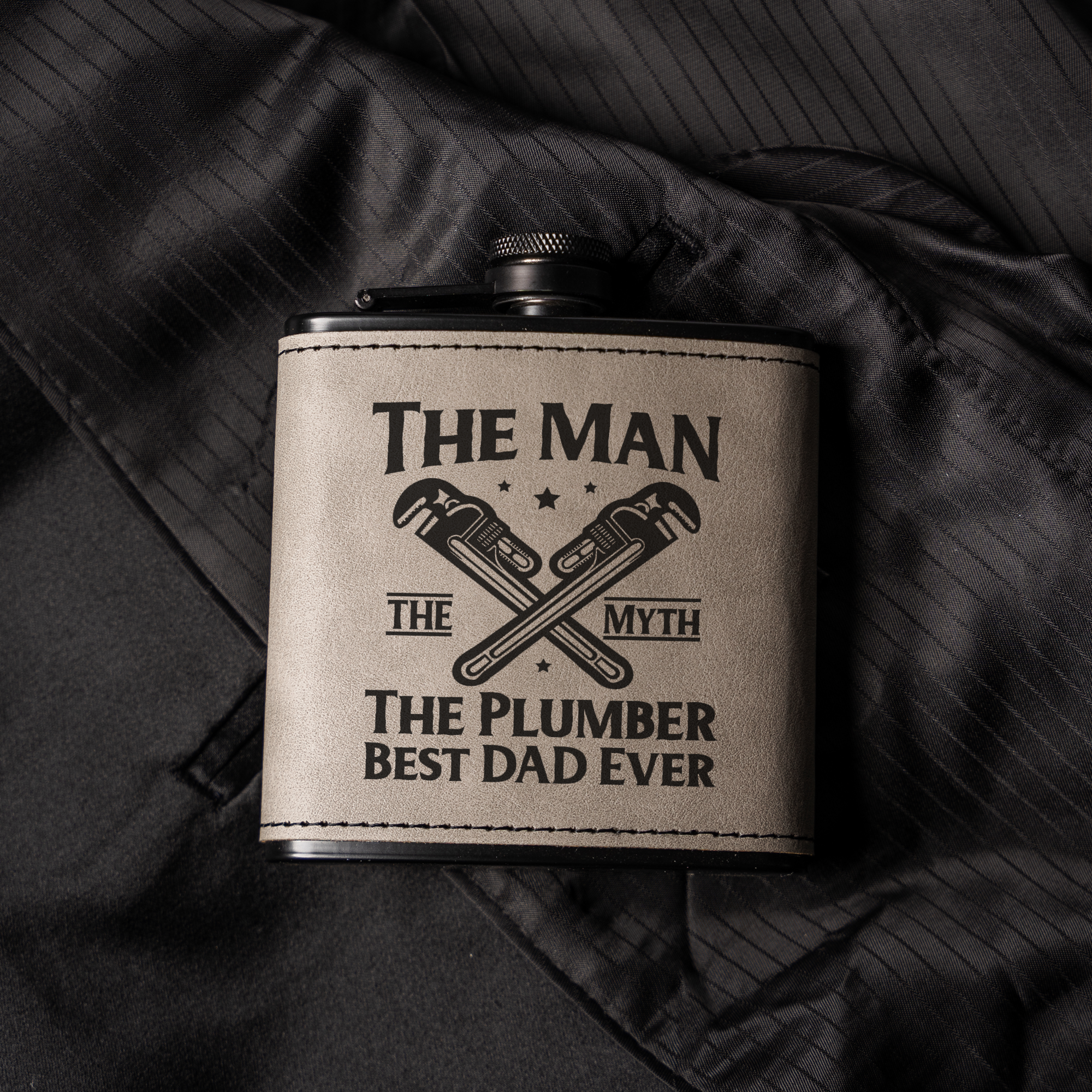 Best Dad Ever Black Leather Wrapped Flask for Plumbers, Best Dad Ever Gift, The Man The Myth Design, Plumber Gift Fathers Day
