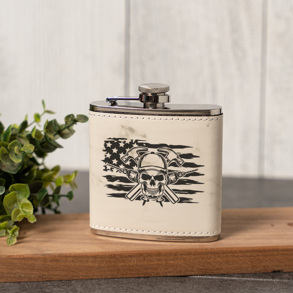 Engraved Construction Flask | Skull Carpenter Flask | Hammer & Drill Gift | Contractor Gift for Men | Woodworker Flask | Father's Day Gift