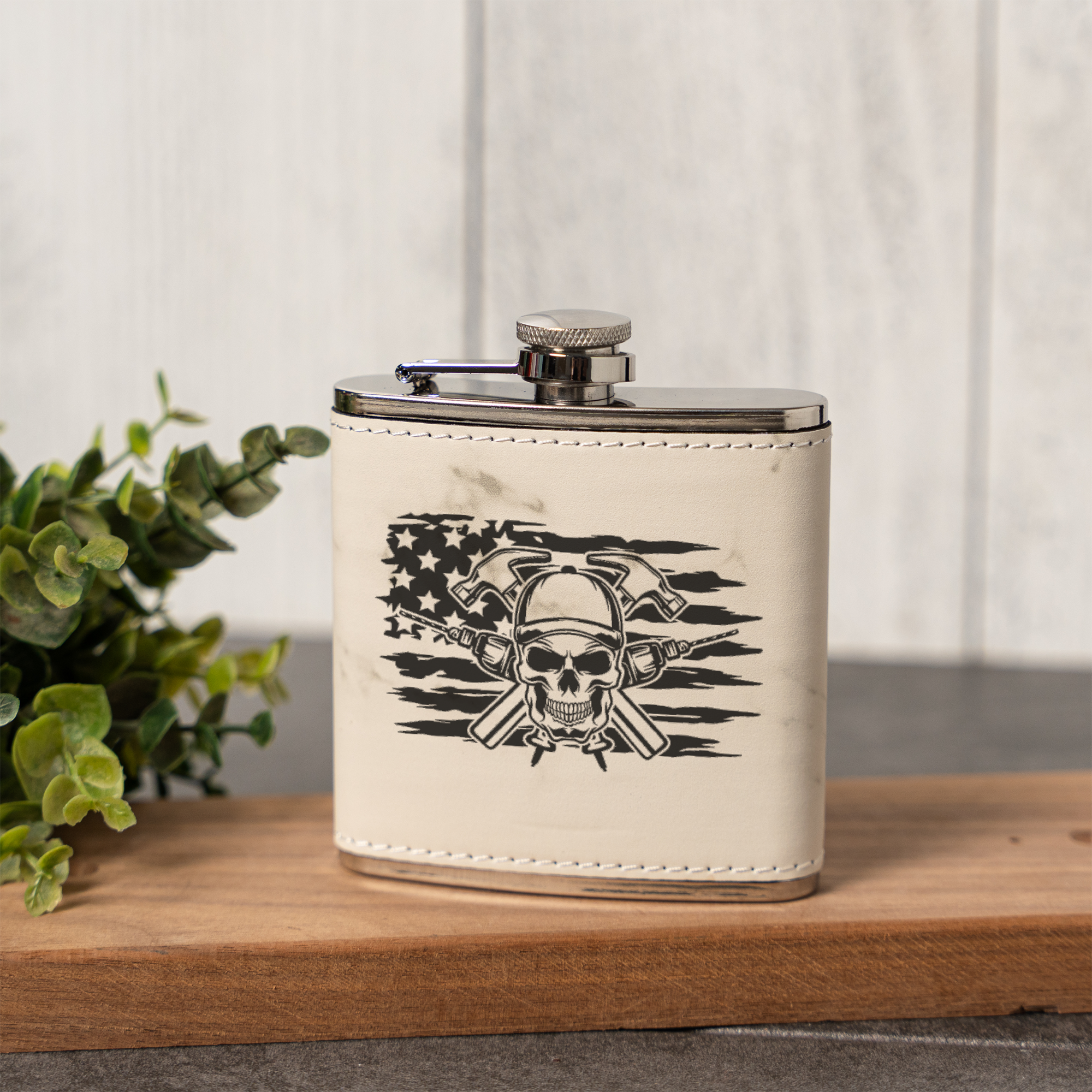 Engraved Construction Flask | Skull Carpenter Flask | Hammer & Drill Gift | Contractor Gift for Men | Woodworker Flask | Father's Day Gift