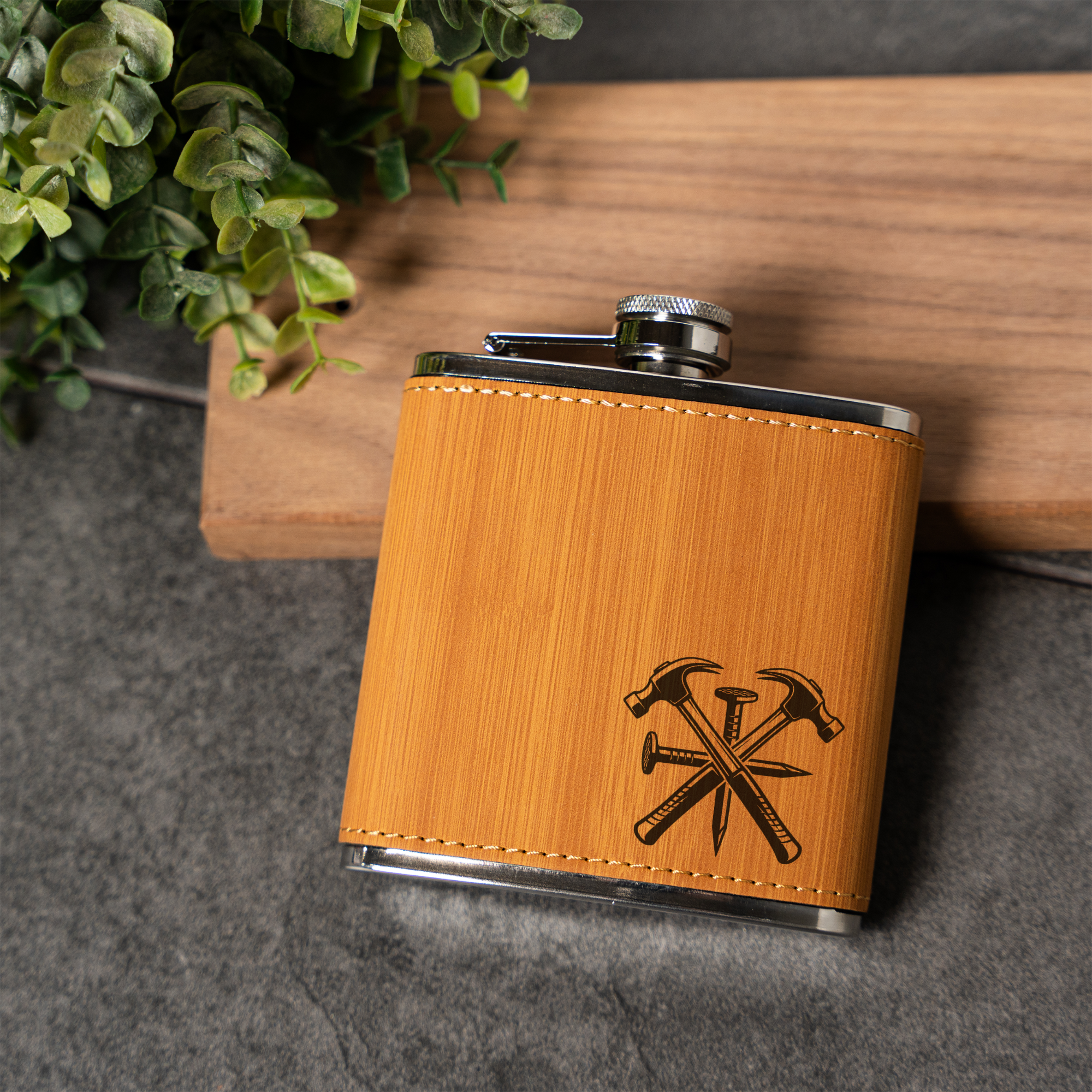 Engraved Carpenter Flask | Hammer & Nail Flask | Construction Gift for Men | Woodworker Gift | Contractor Flask | Father's Day Gift