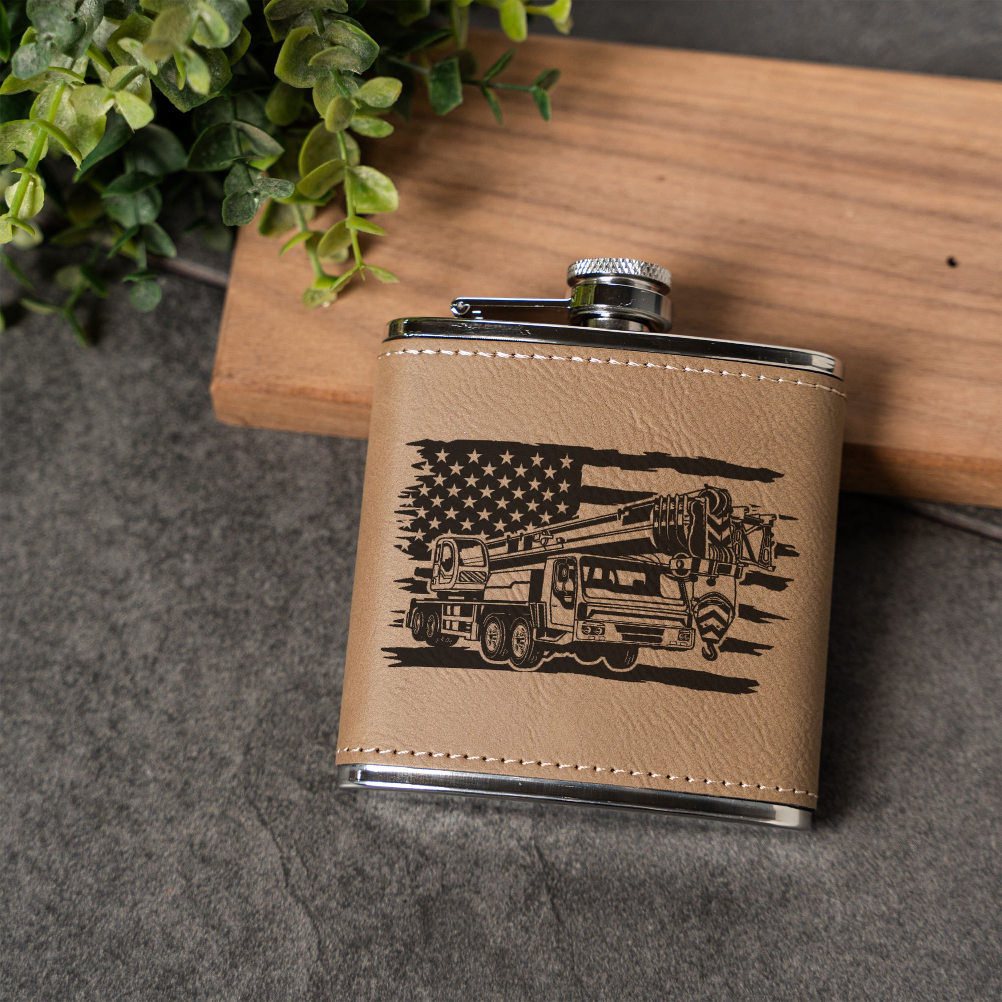 Leather Wrapped Flask with American Flag Design, 6oz, Perfect for Construction Workers Gifts and Outdoor Adventures