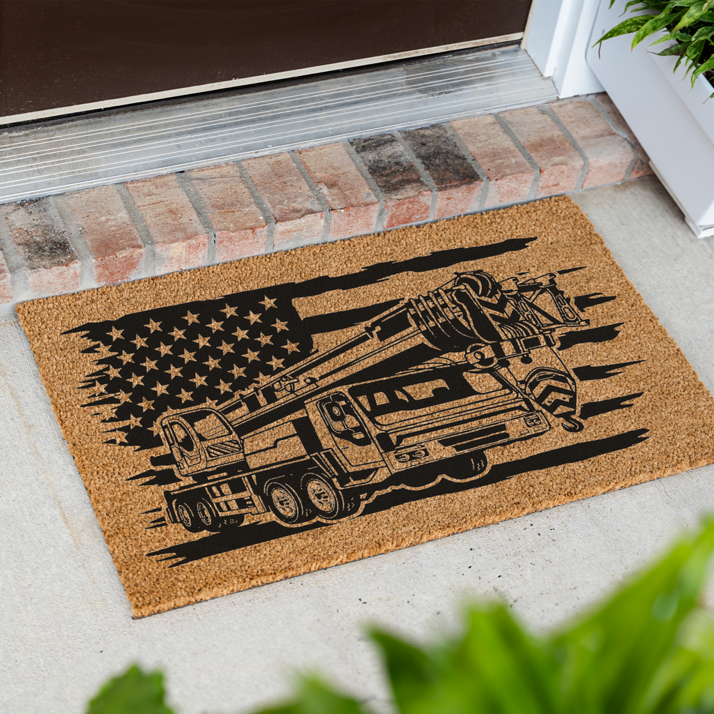 Construction American Flag Coir Doormat, Construction Entryway Rug, Durable Outdoor Mat for Porch or Patio, Construction Gift Welcome Mat