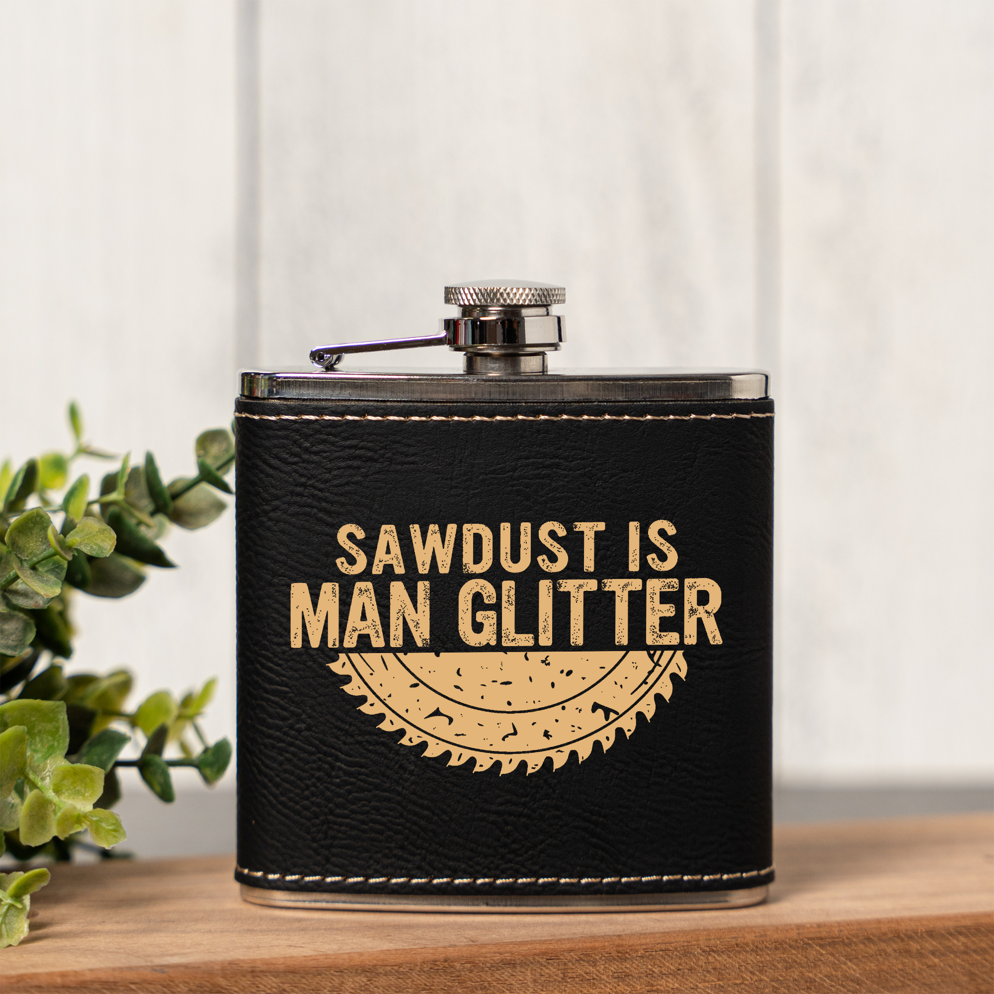 Leather Wrapped Flask 6oz, Sawdust Is Man Glitter Design, Perfect for Groomsmen or Father's Day