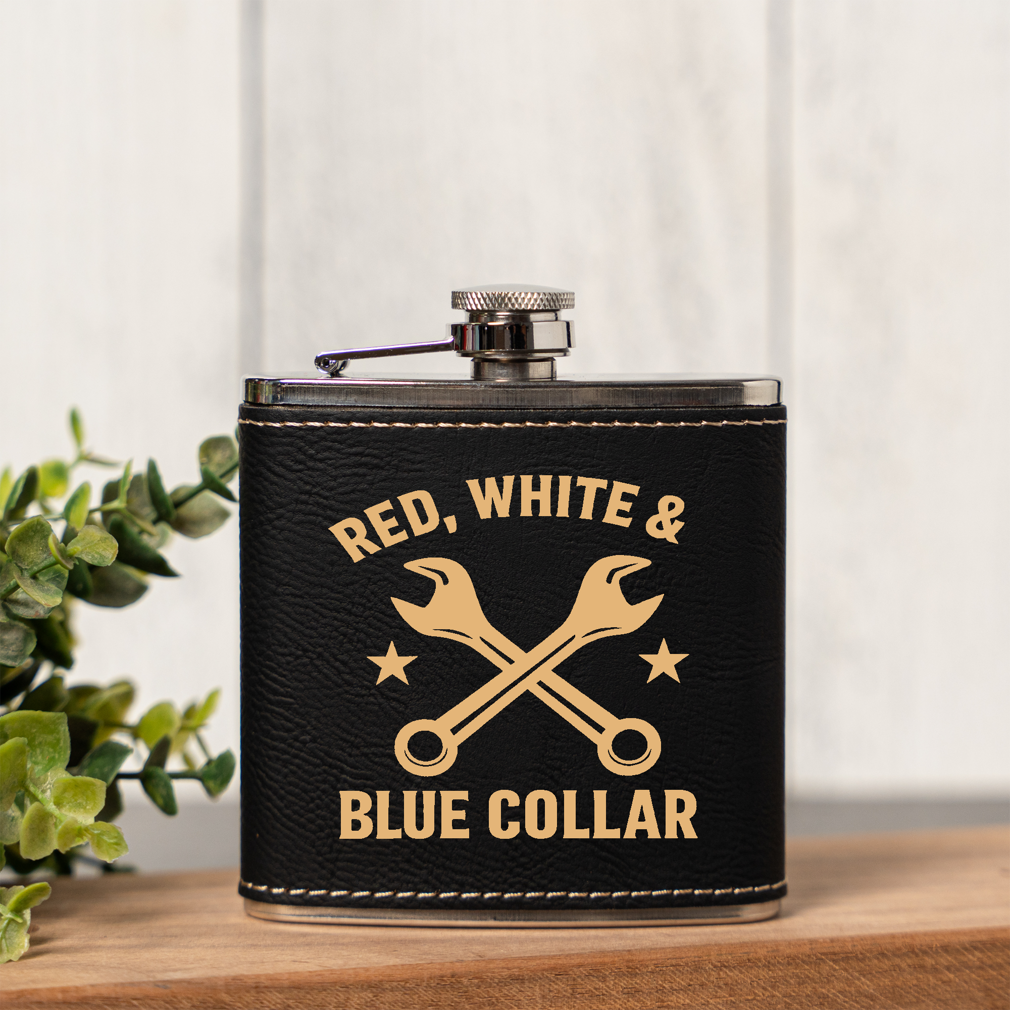 Red, White & Blue Collar - 6oz Vegan Leather Wrapped Flask