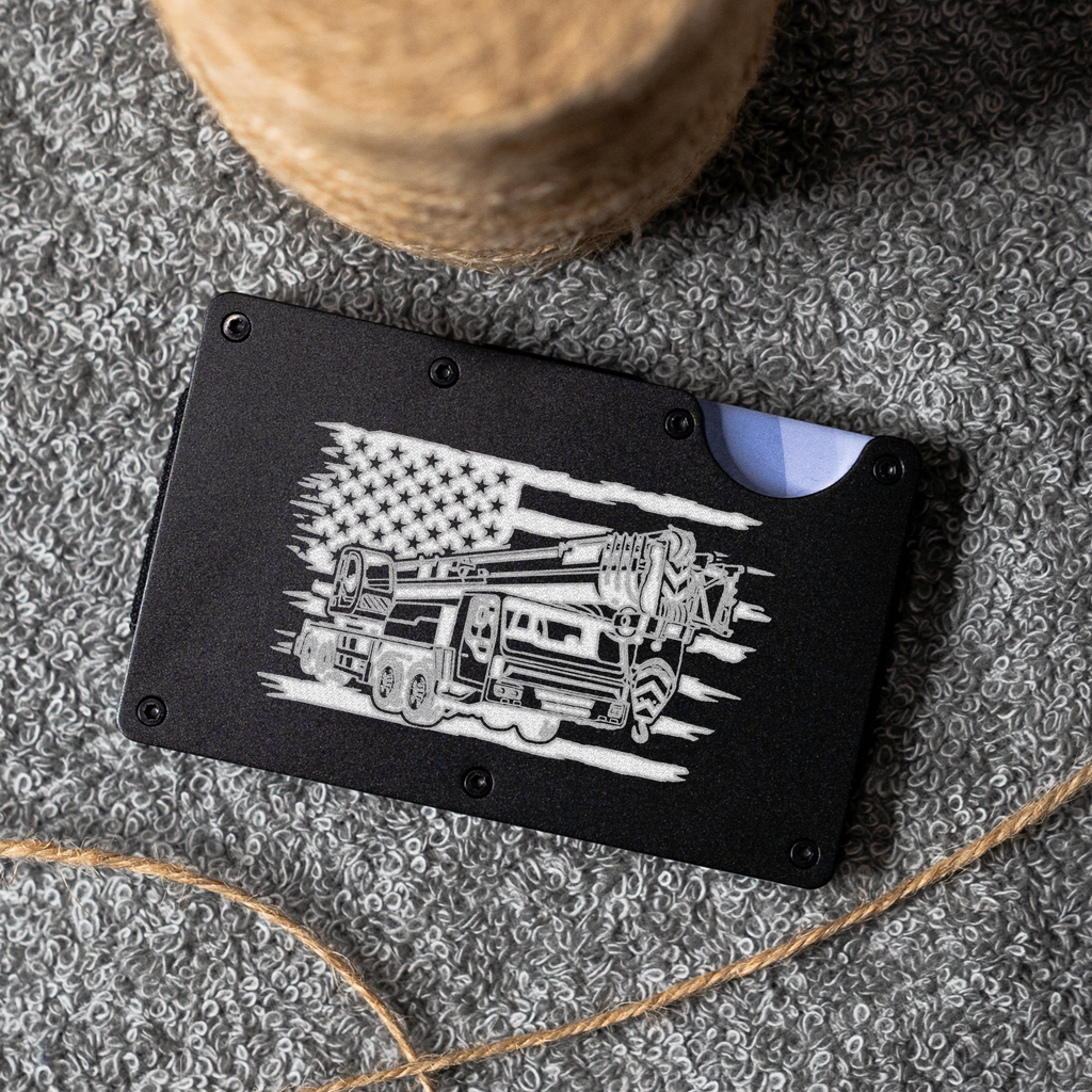 Construction Metal Wallet with American Flag and Crane Design, Durable and Stylish Card Holder, Construction Gifts, Engraved Metal Wallet