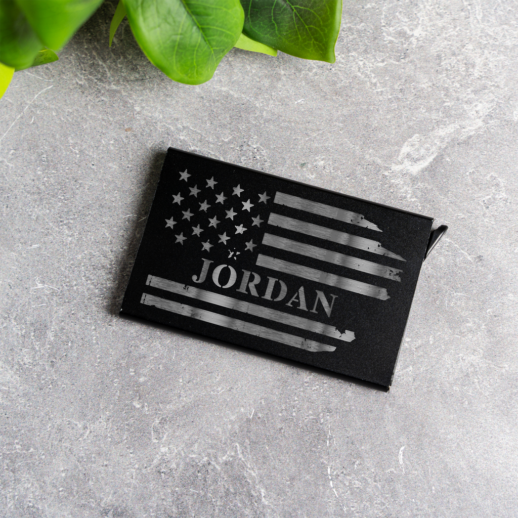 Personalized Aluminum Credit Card Holder with American Flag Design, Personalized Engraved Name Wallet with American Flag Design