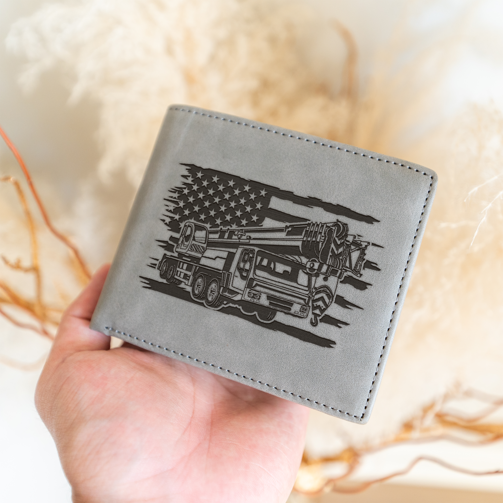 Construction Design Engraved Leather Bifold Wallet, American Flag and Crane Design, Perfect Gift, Engraved Wallet Gift
